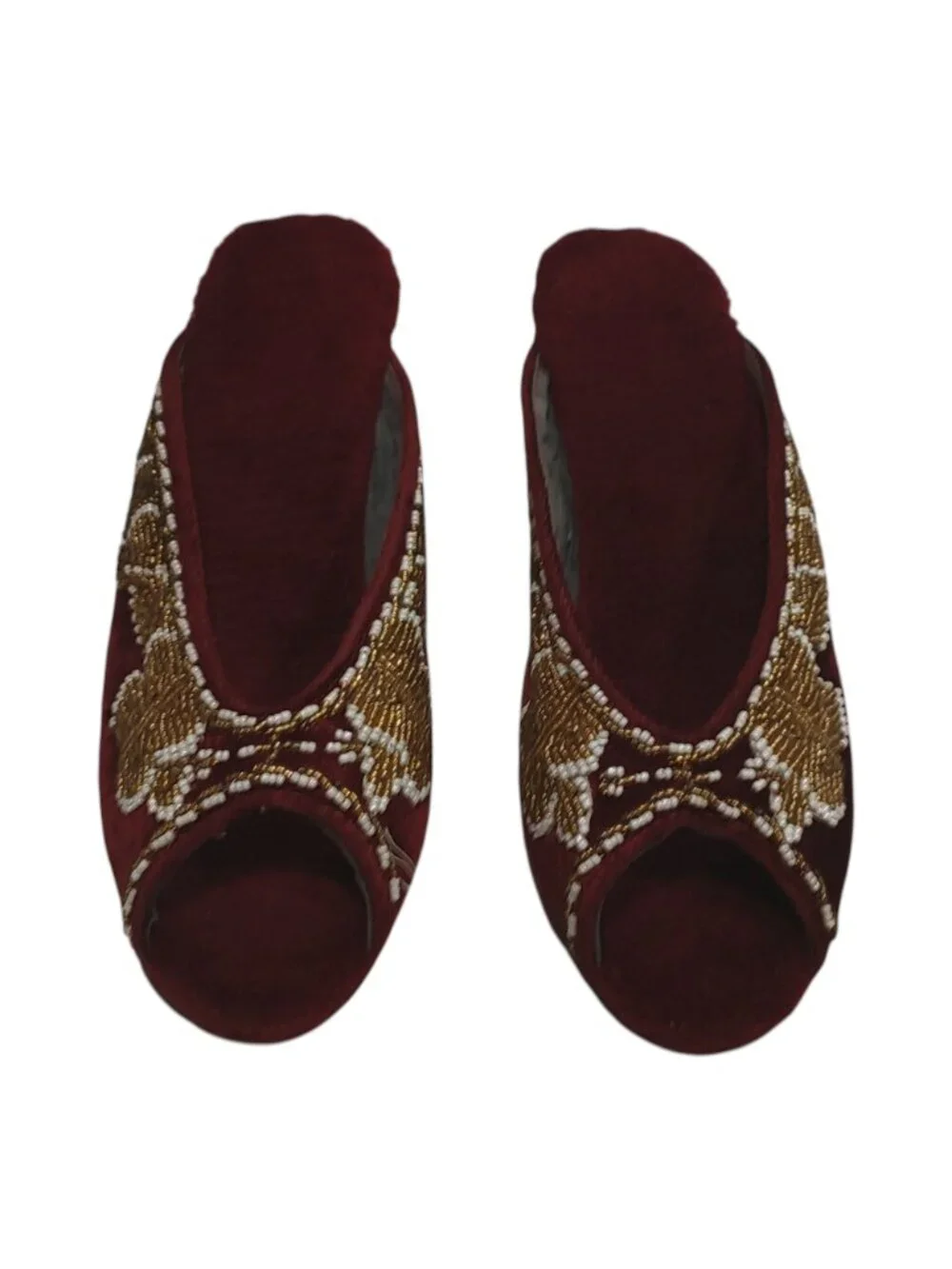 Retro/Vintage 70s Maroon Velvet Butterfly Beaded Gold White Wedge Slippers US 5